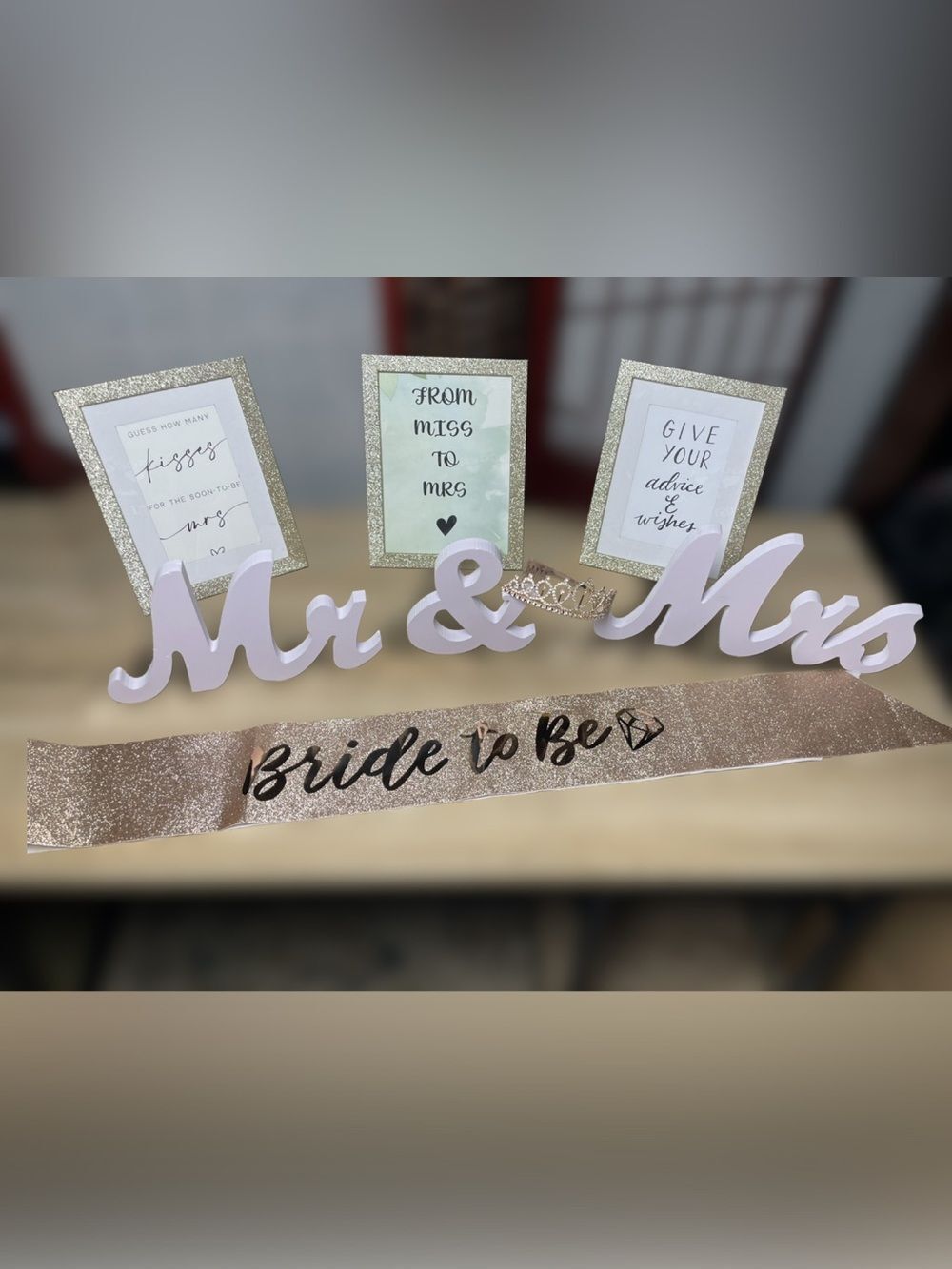 Bride To Be Bundle - Sash, 2 Veils, Crown, 3 Framed Games, Wooden Mr. & Mrs.